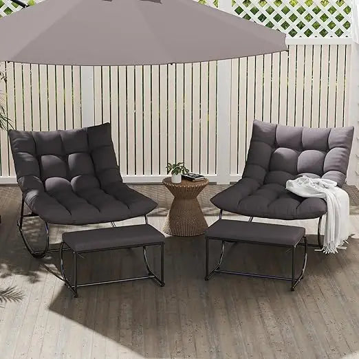 2 Piece Outdoor Rocking Chairs with Ottoman, Patio Oversized Rocking Egg Chair with Cushion, Papasan Chair Set of 2 for Outside,