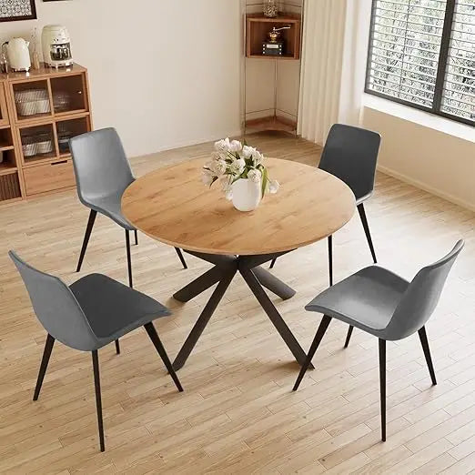 43.2"-59.1" Extendable Round Dining Table Set, Wooden Round Table for 4-6 Person, Oak Coffee Table w/Scratch-Resistant Tabletop