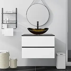 30-Inch Black and White Wall Mounted Bathroom Vanity Cabinet with 2 Drawers and Silver Boat Glass Sink