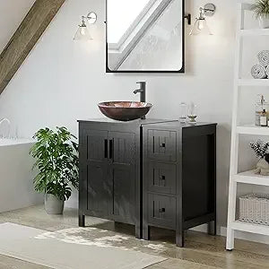 36" Black Bathroom Vanity With Sink Combo, Modern Cabinet With 3 Drawers, Grooved Doors & Metal Handles, Champagne Boat Tempere