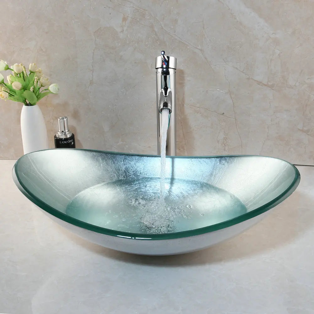 OUBONI Silver Shiny Bathroom Tempered Glass Basin Sink W/ Faucet Set Wash Basin Countertop Washroom Vessel Vanity Mixer Tap