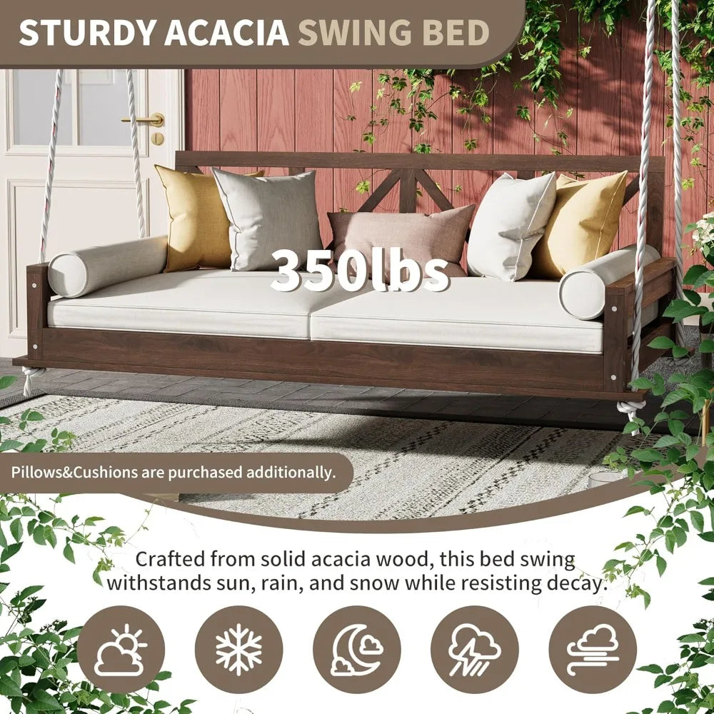 Patio Twin Size Garden Swing Bed, Acacia Wood Porch Swing Hanging Bed Frame with 16.4ft Hemp Ropes for Garden, Backyard, Brown