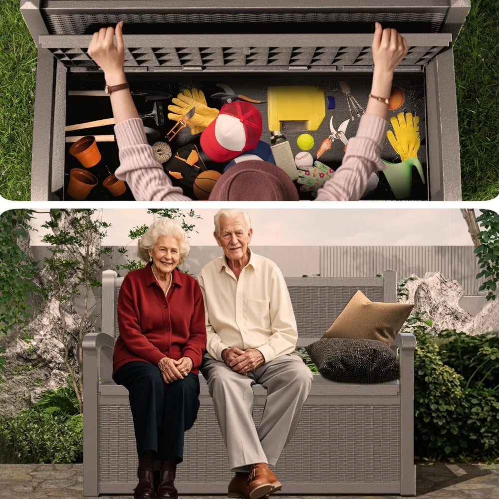 80 Gallon Storage Bench Deck Box Outdoor with Armrests,Storage Furniture Waterproof Lockable for Porch Patio and Garden(Gray)