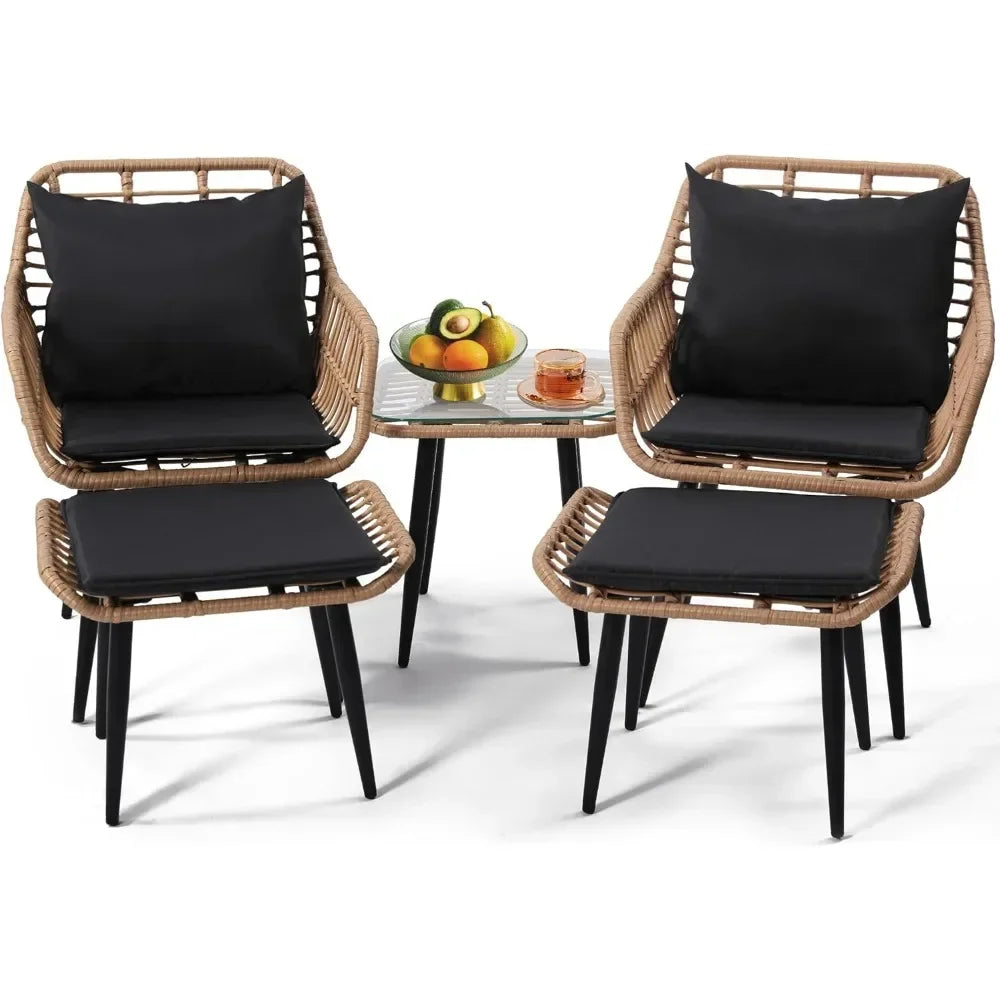 5 Piece Wicker Bistro Patio Conversation Furniture Set, Includes 2 Chairs, 2 Ottomans, and Side Table, Ideal for Porch, Balcony