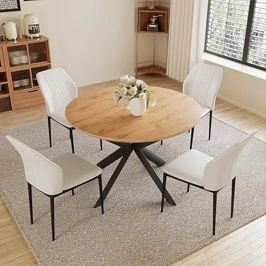 43.2"-59.1" Extendable Round Dining Table Set, Wooden Round Table for 4-6 Person, Oak Coffee Table w/Scratch-Resistant Tabletop