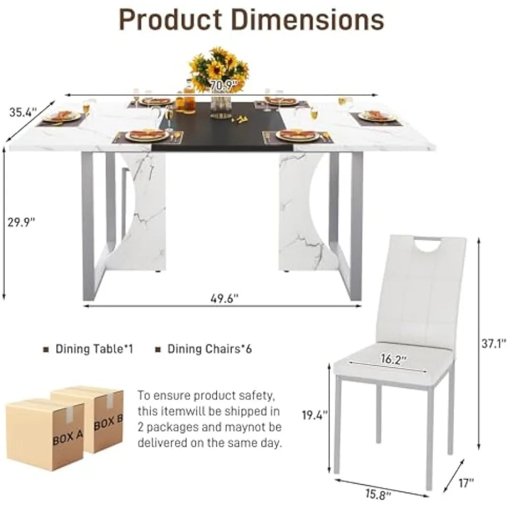 7-Piece Dining Table Set|Wooden Dining Table with 6 Upholstered Chairs for 6 People|70in Kitchen Table W/Waterpoof Tabletop,Leat