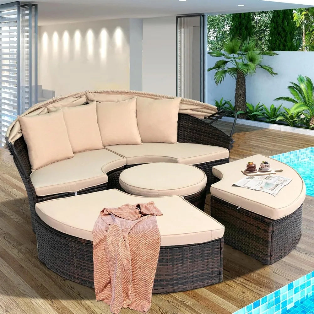 Outdoor Patio Daybed with Retractable Canopy, Wicker Rattan Sectional Round Sofa Furniture Set, 5 Pieces Seating Separates Cushi
