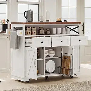 Farmhouse Kitchen Island with Beaded Drape, Rolling Kitchen Storage Cart on Wheels with Drop Leaf and Power Outlet, 3 Doors, 3 D