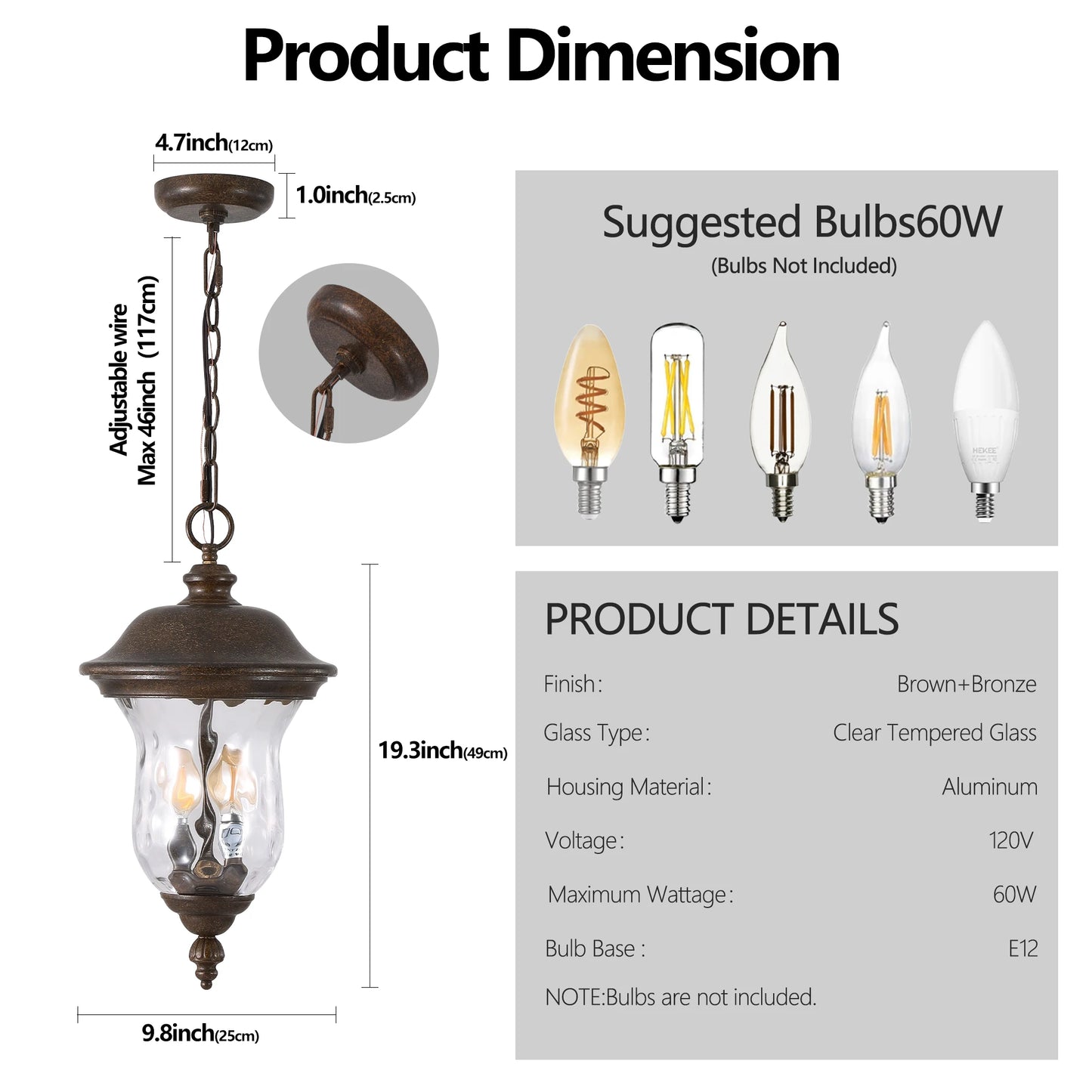 Rustic Outdoor Hanging Lantern, Weatherproof Vintage Pendant Light with Clear Glass Shade, Exterior Lighting Fixture (No bulb)