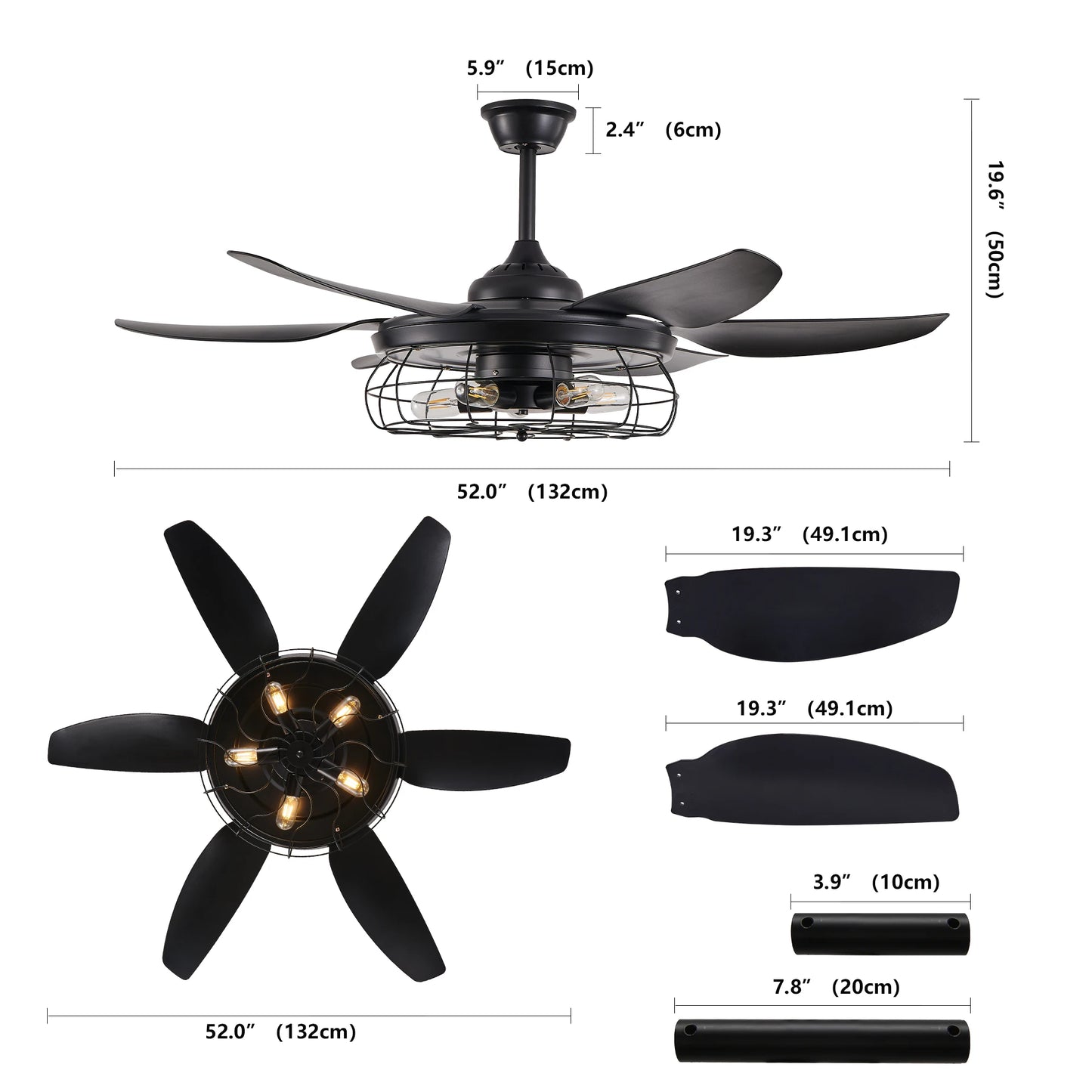 ARLGSITE 52" Modern Cage Design Black Ceiling Fan Light Remote Control 6 Fan Blades Adjustable Speed for Living Room Bedroom