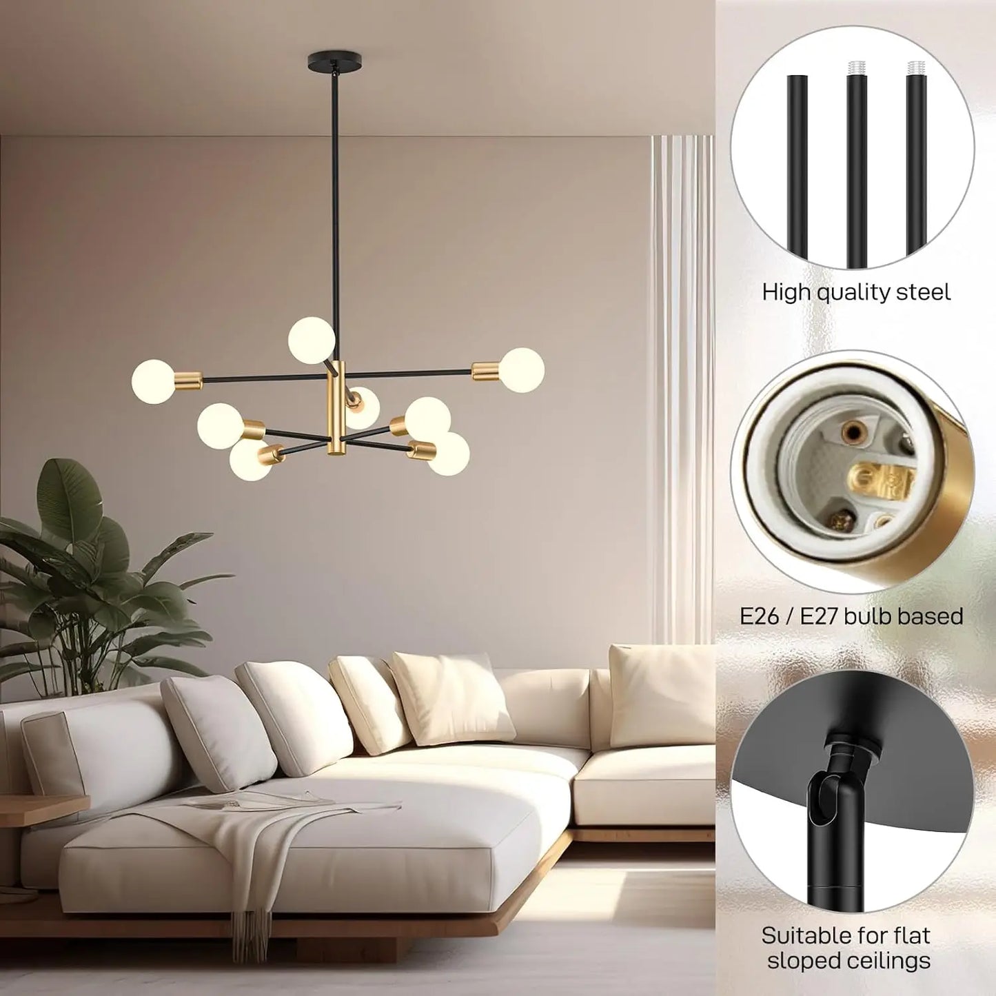 Modern Sputnik Chandelier 8 Lights Height Adjustable Ceiling Light Fixture Mid-Century Modern Gold Chandelier for Dining Room