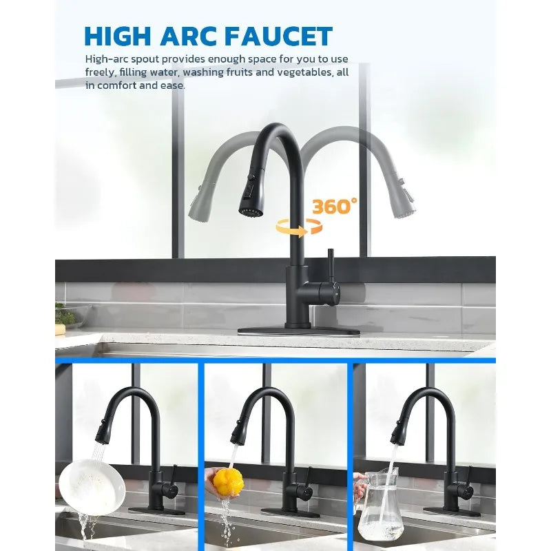 Arofa Matte Black Kitchen Faucet, Kitchen Sink Faucet with Pull Down Sprayer Single Handle Stainless Steel Modern for 1 or3 Hole