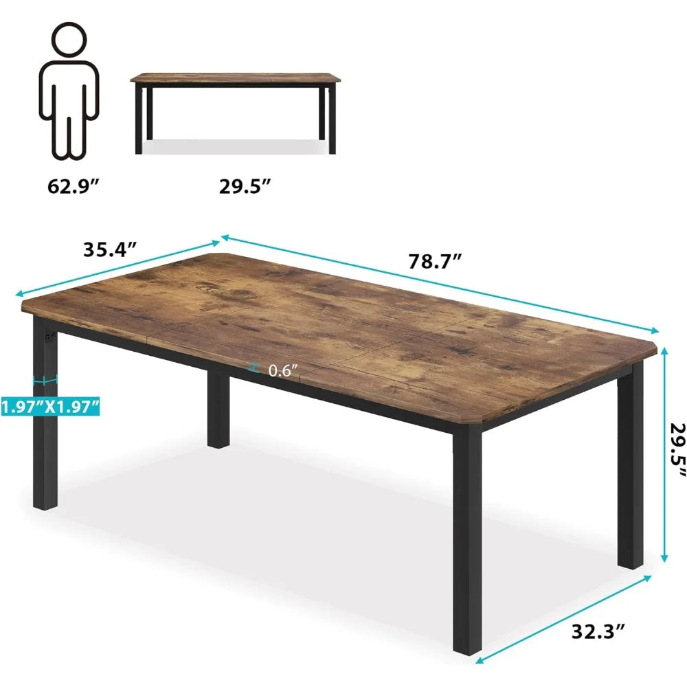 Industrial Dining Table for 6-8 People, 78.7Inch Long Wooden Kitchen Table with Sturdy Metal Frame & Rustic Brown Finish - Seats
