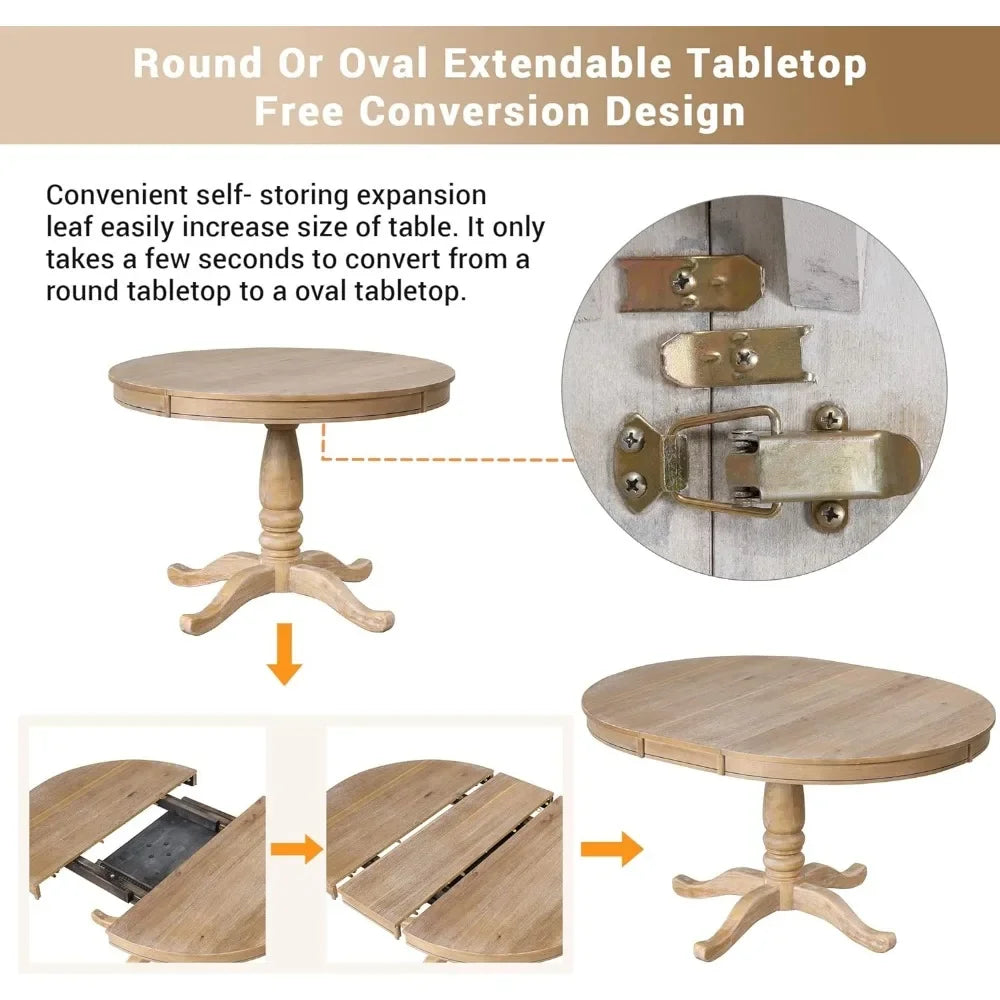 5 unique rural dining table sets, expandable round dining table and 4 chairs with backrests, kitchen dining table set