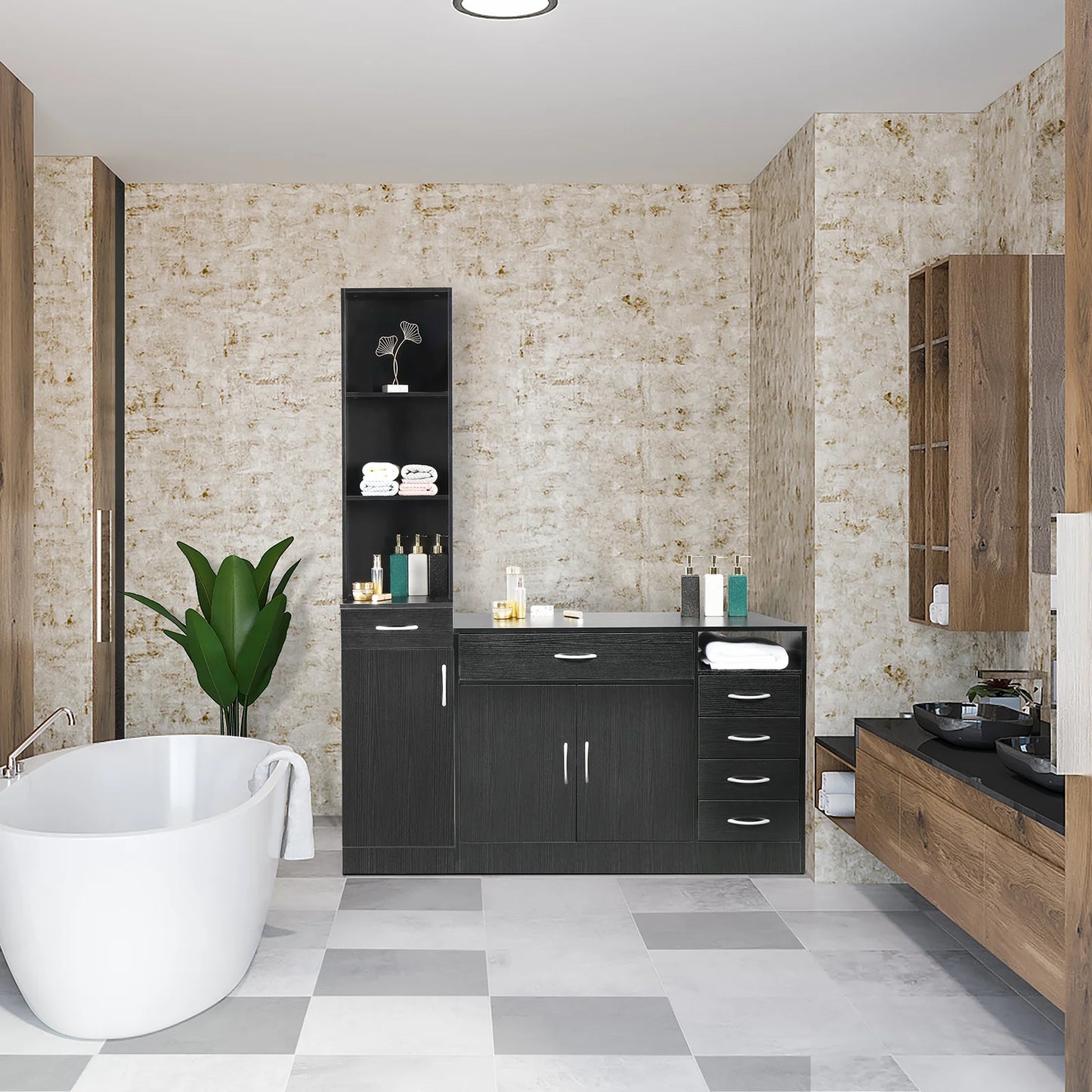 MDF With Triamine Double Doors And Five Drawers Bathroom Cabinet Black
