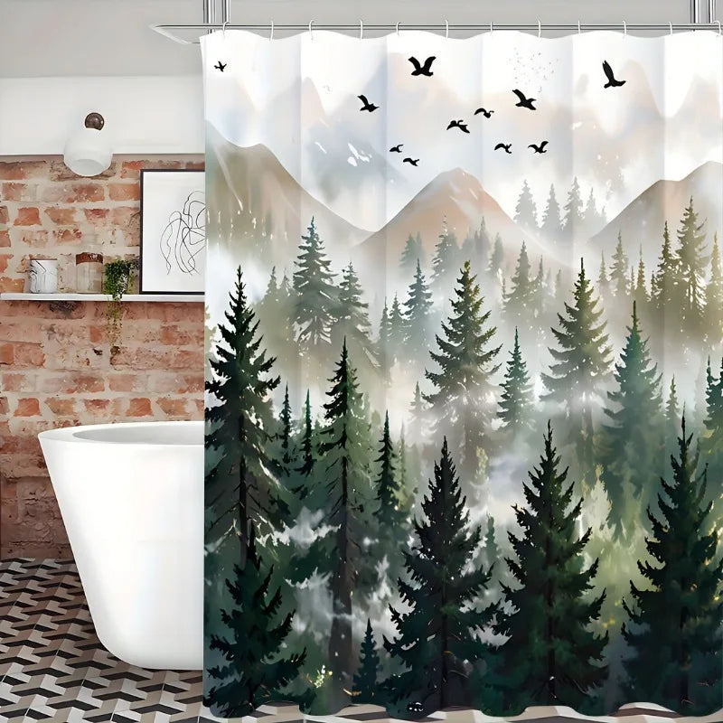 Green Misty Forest Shower Curtain Set Ombre Sage Green White Waterproof Fabric Shower Curtains