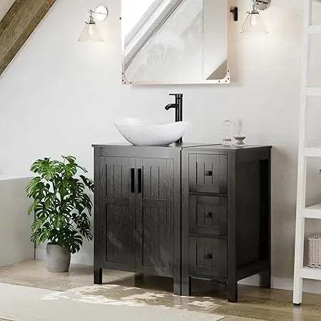 36" Black Bathroom Vanity With Sink Combo, Modern Cabinet With 3 Drawers, Grooved Doors & Metal Handles, Champagne Boat Tempere
