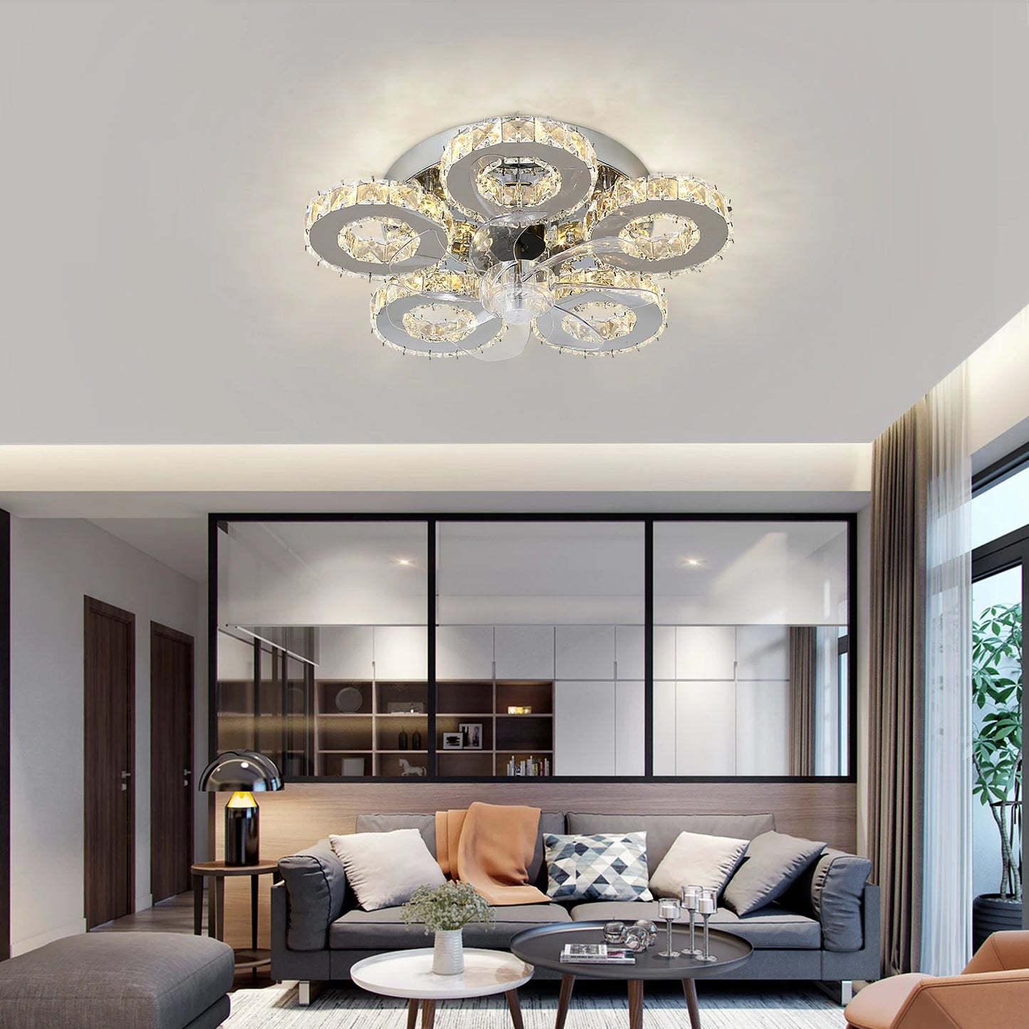 Luxury Crystal Ceiling Fan Led Lamp Smart APP RC Modern Fan Light Chandelier Home Decor Chandelier Living Dining Room Fixture