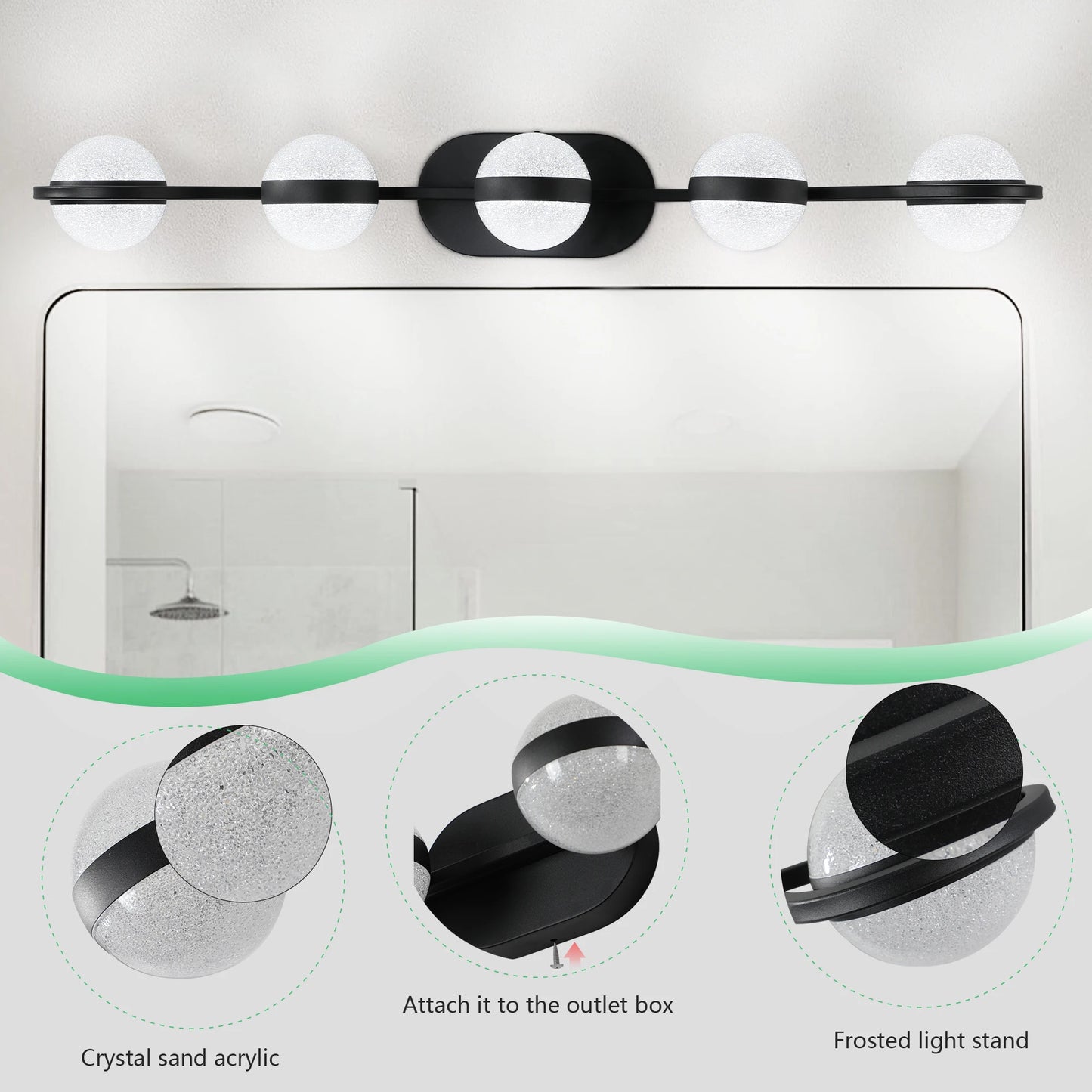 Modern Minimalist Bathroom Vanity Light, LED 5 Bulb Frosted Glass Shades, Wall Mounted Decorative Lighting Fixture (Black)