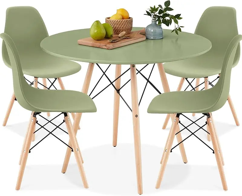 5-Piece Dining Set, Compact Mid-Century Modern Table & Chair Set for Home, Apartment w/ 4 Chairs, Plastic Seats, Wooden Legs