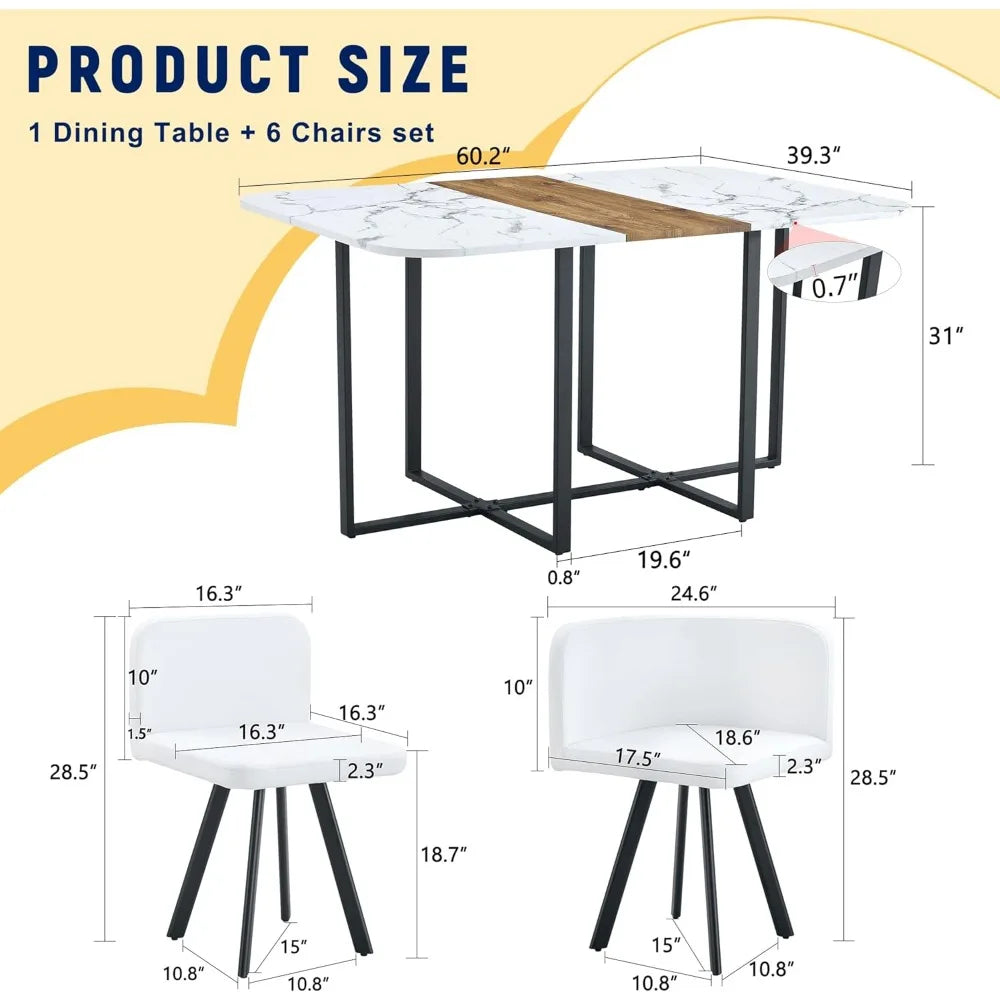 Modern Dining Table Set for 6, 60.2" Dinner Table Set for 6, White Faux Marble Tabletop with Sturdy Metal Legs, 6 Compact Design