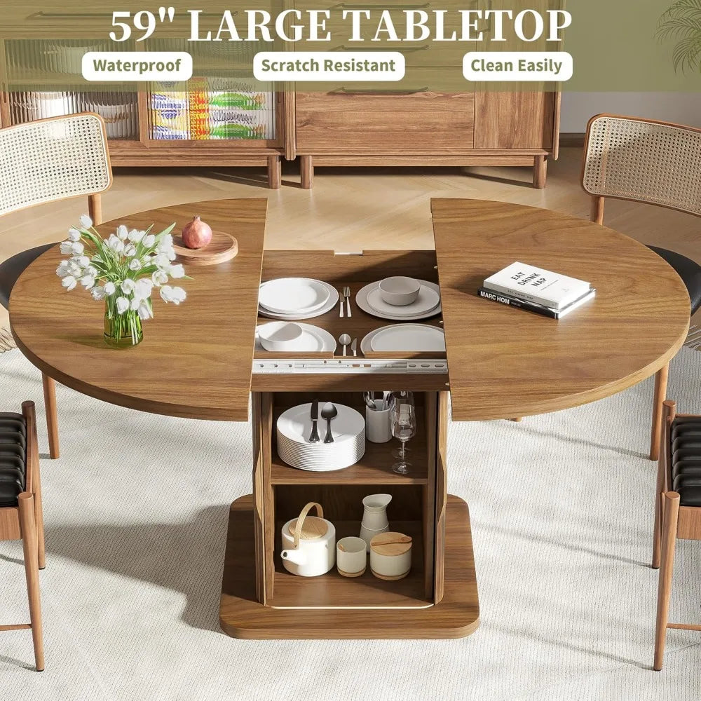 Extendable Round Dining Table for 4-6-8, 59 Inch Dining Room Kitchen Table with Storage, Fluted Wood Slide Door, Modern Oval Bre