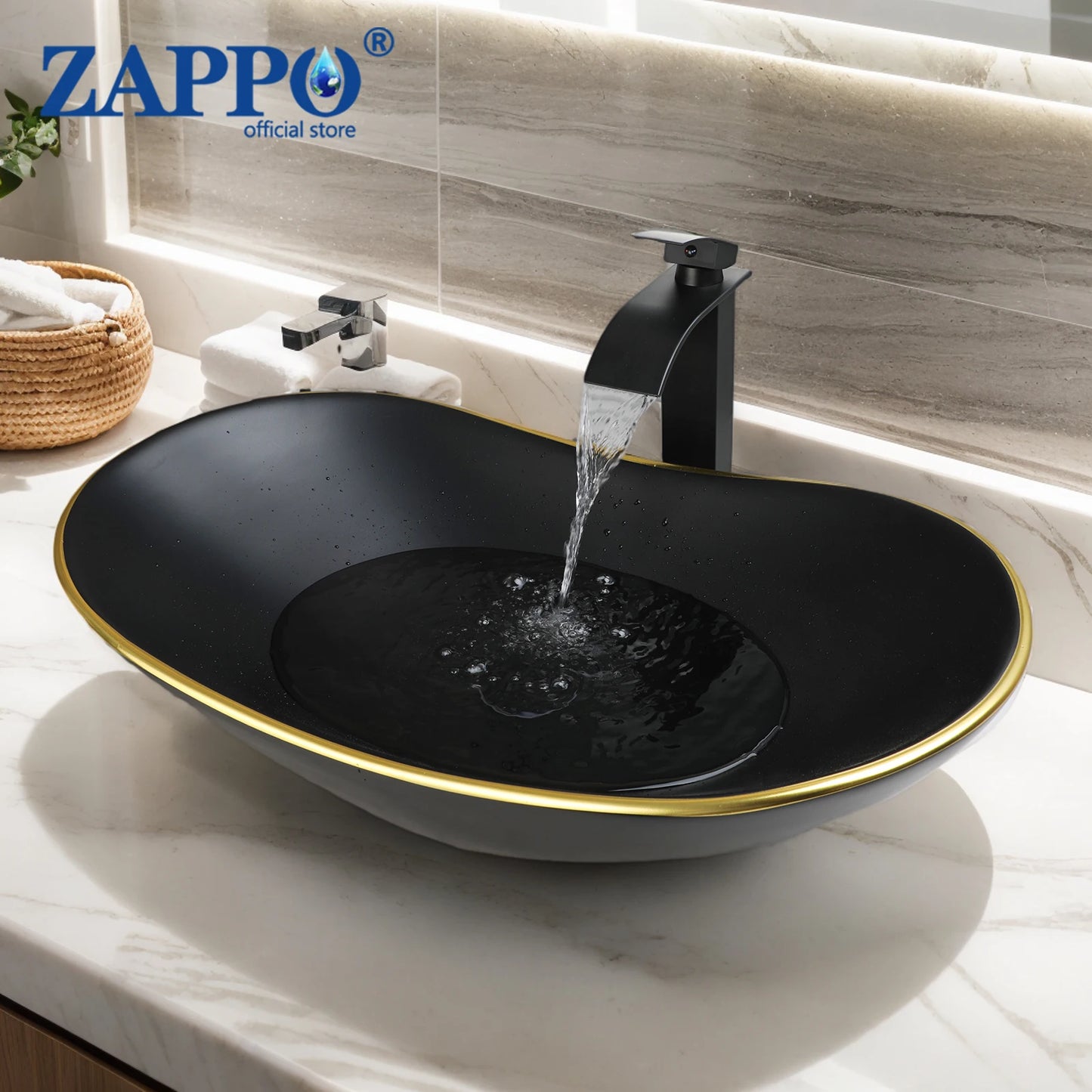 ZAPPO Matte Black Bathroom Sink Oval Large Porcelain Vessel Sink with Faucet Drain Combo Above Counter Wash Basin Sink bowl