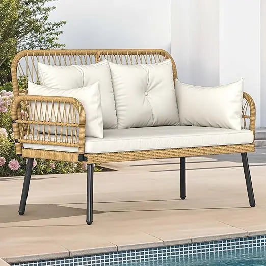 "Outdoor Loveseat with Cushion and Adjustable Feet, Wicker Patio Furniture Set for Garden, Balcony, and Porch, Beige"
