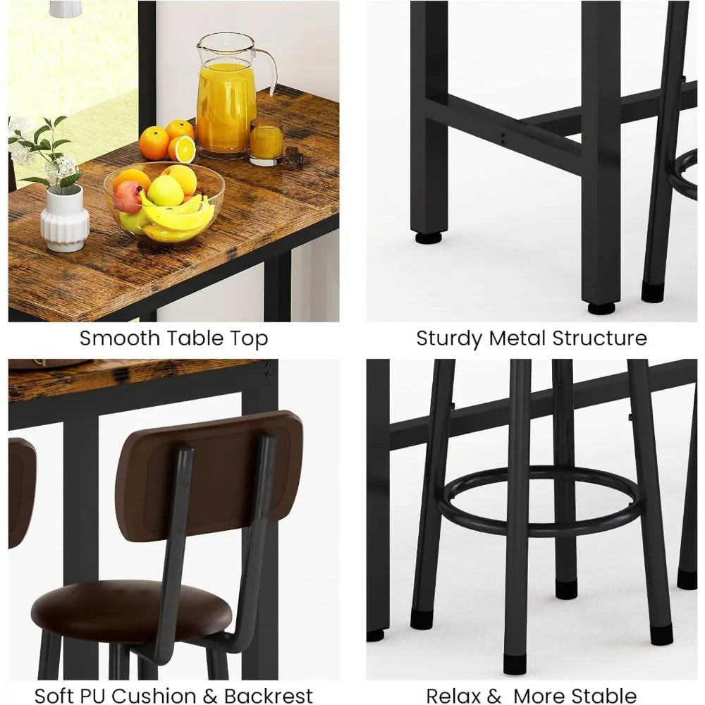 Bar Table Set of 2,39.3" Pub Height Table & 2 PU Upholstered Stools with Backrest,Industrial 3 Piece Breakfast Bar Table Sets,f