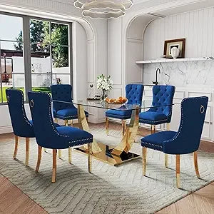 7-Piece Dining Room Set, 63" Gold Rectangular Glass Kitchen Table with 6 Beige High Back Chairs, Modern Glass Dining Table Set f