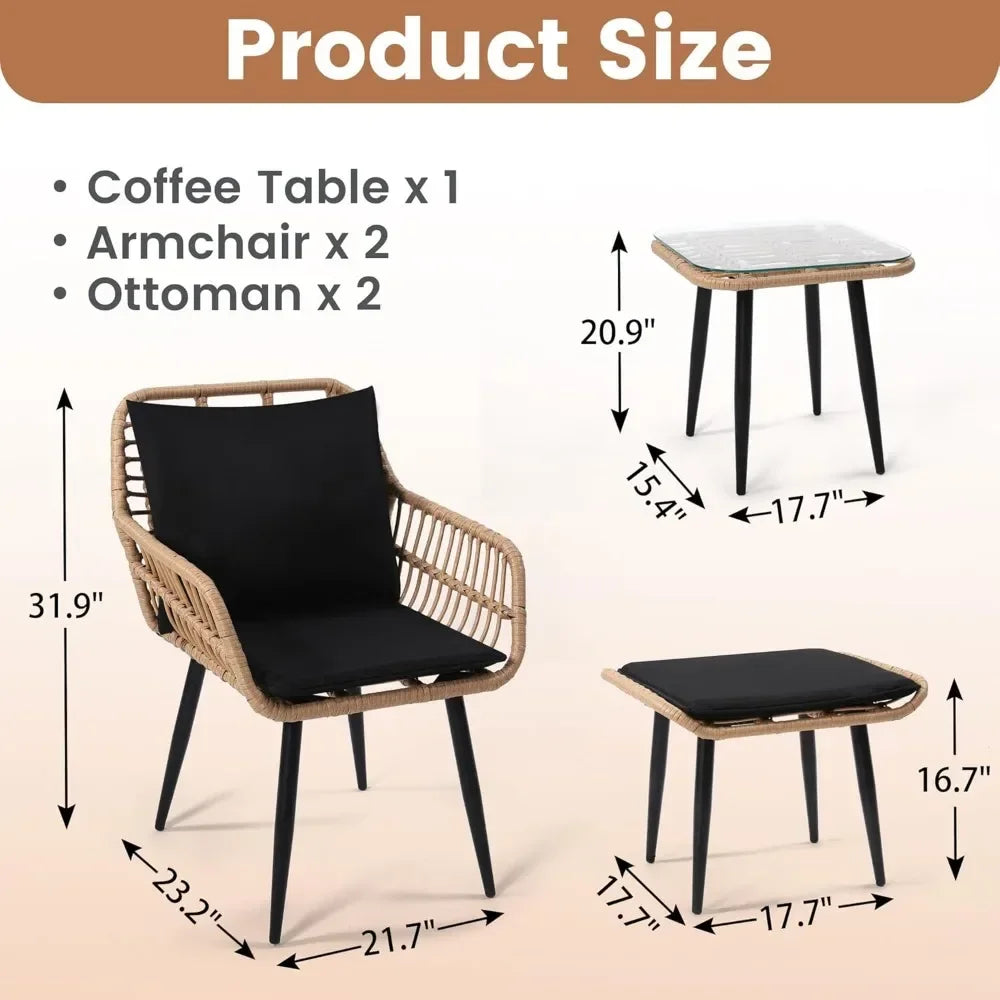 5 Piece Wicker Bistro Patio Conversation Furniture Set, Includes 2 Chairs, 2 Ottomans, and Side Table, Ideal for Porch, Balcony
