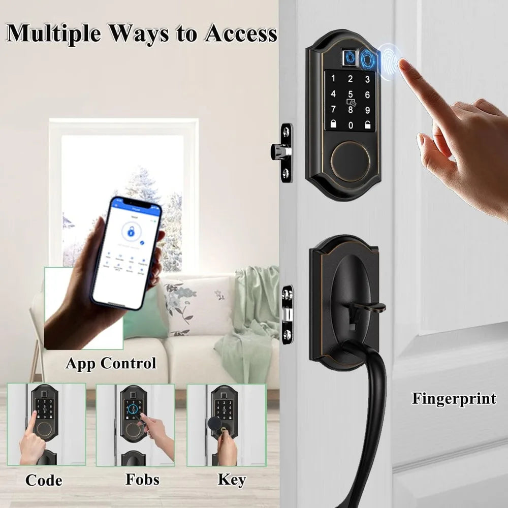 Smart Locks for Front Door, Keyless Entry Door Lock Deadbolt with Handle Set, Front Door Lockset, APP Control, Fingerprint Door