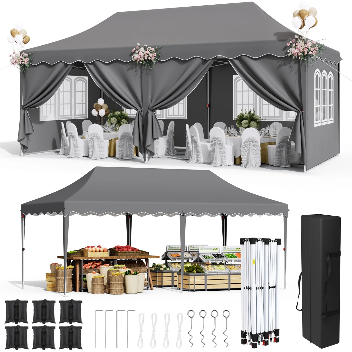 Canopy 3x6m Pop Up Pavilion Gazebo Tent with All Sidewalls, Waterproof Commercial Canopy Outdoor Instant Gazebo UV50+ Party Tent