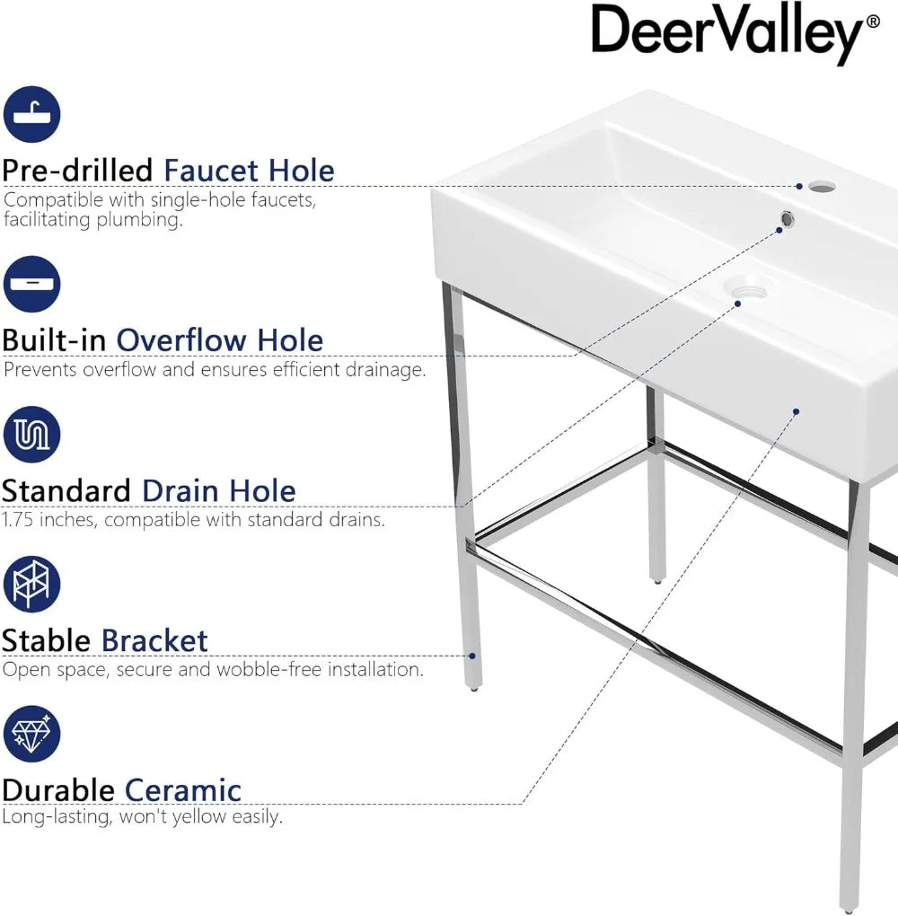 Bathroom Console Sink 32"x17" Free Standing 34 Inch Sink for Bathroom, White Vessel Ceramic Vanity Basin Modern Rectangular
