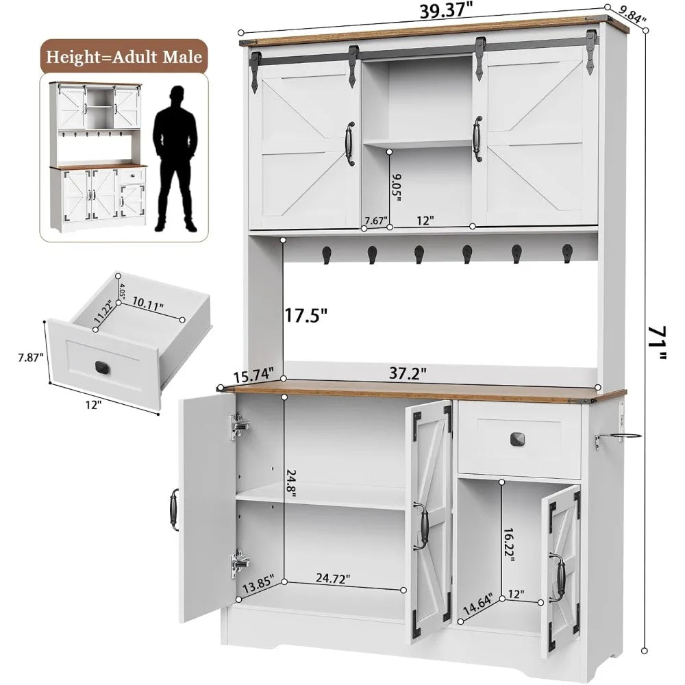 71" Kitchen Pantry Cabinet, Modern Kitchen Hutch Food Pantry with Charging Station and Microwave Stand, Pantry Storage Cabinets