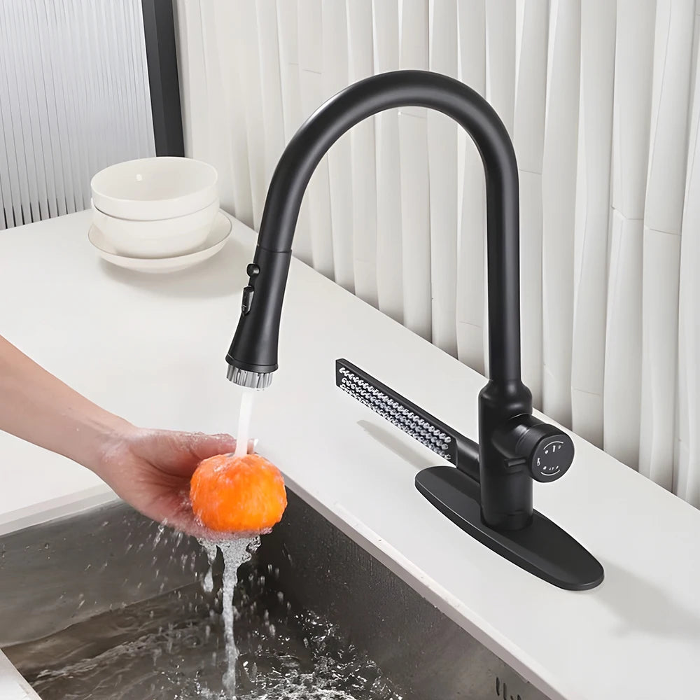 Modern Minimalist Black Kitchen Faucets Multifunctional Pull Out Tap Single Hole Handle Grey 360° Swivel Water Mixer Tap 0366