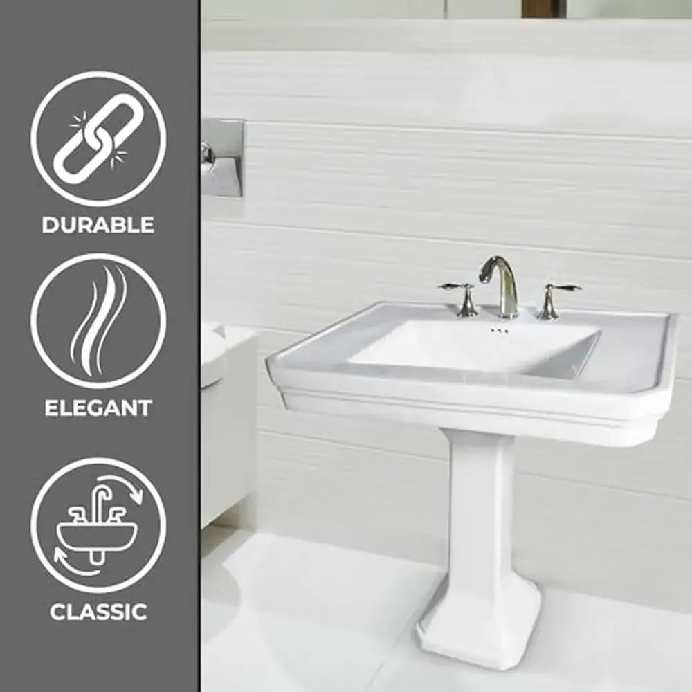 32" Victorian White Bathroom Pedestal Sink Combo Heavy Duty Widespread Faucet Holes Overflow Tall Console Vintage Charm Durable