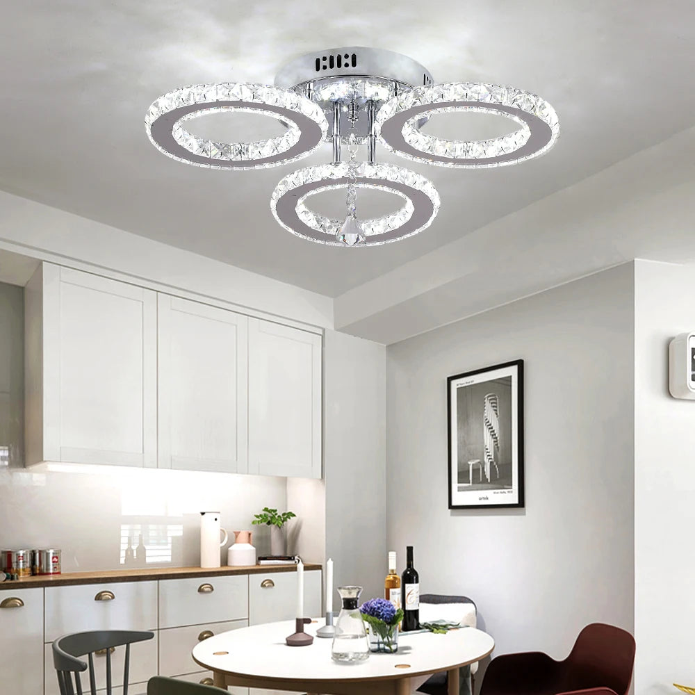 Crystal Chandelier Ceiling Lamp 3Rings Chrome Pendant Light Modern Flush Mount Fixtures for Bedroom Living Dining Room Luminaire