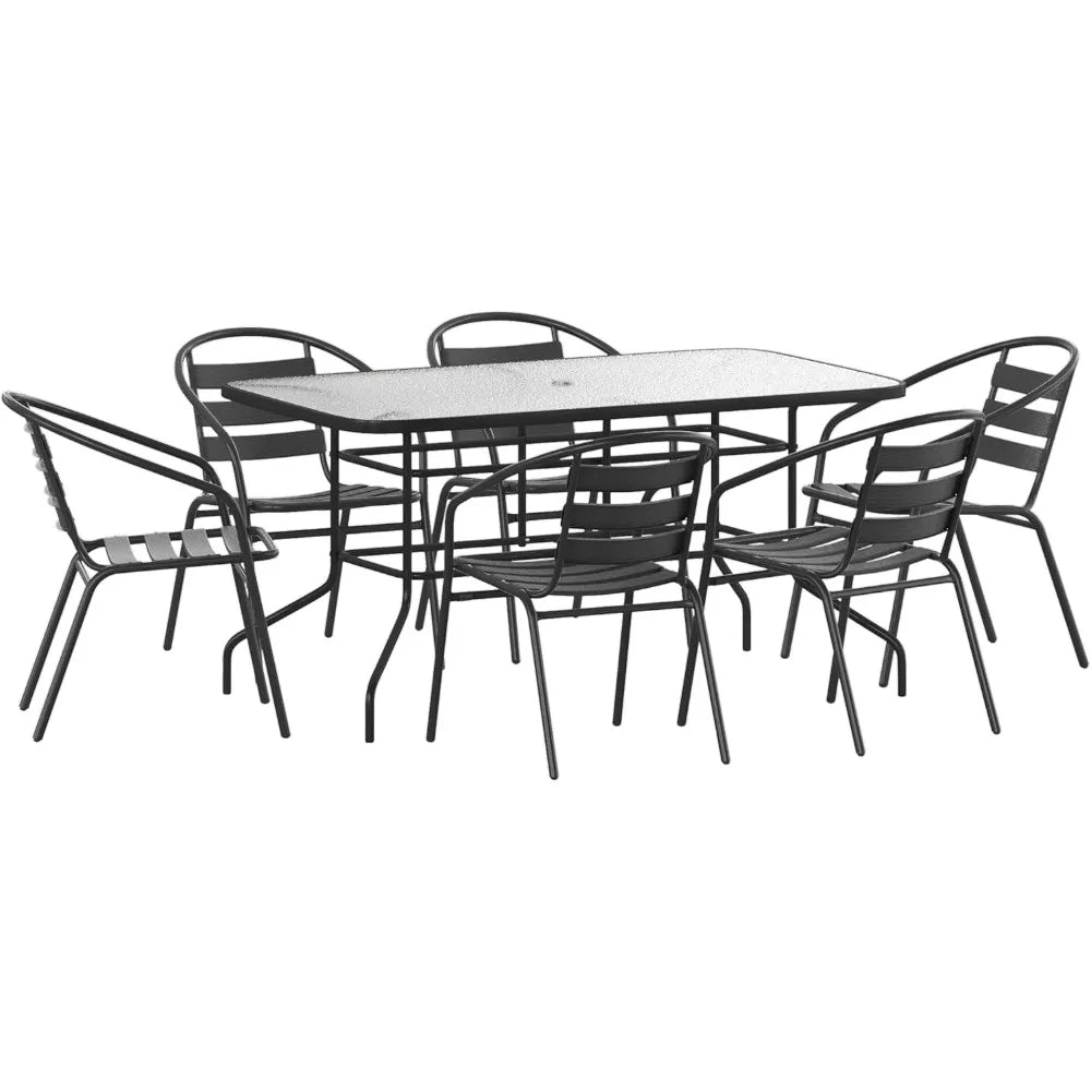 7-Piece Glass Patio Table and Chairs Set, with Rectangular Table and 6 Slat Back Patio Chairs, Outdoor Patio Dining Set