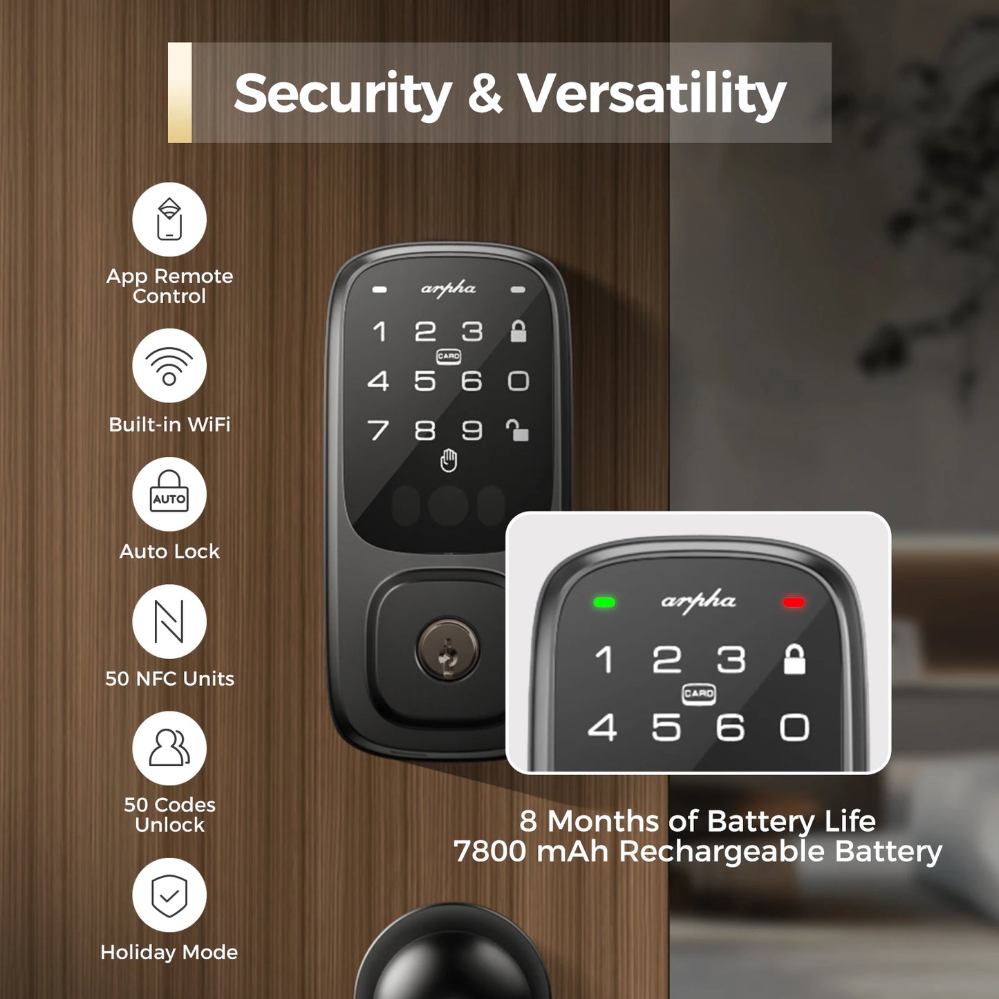 Arpha Smart Lock Door Wifi Palm Recognition Smart Lock 7800mAh Battery Digital Electronic Lock NFC Unlock Home Security Lock