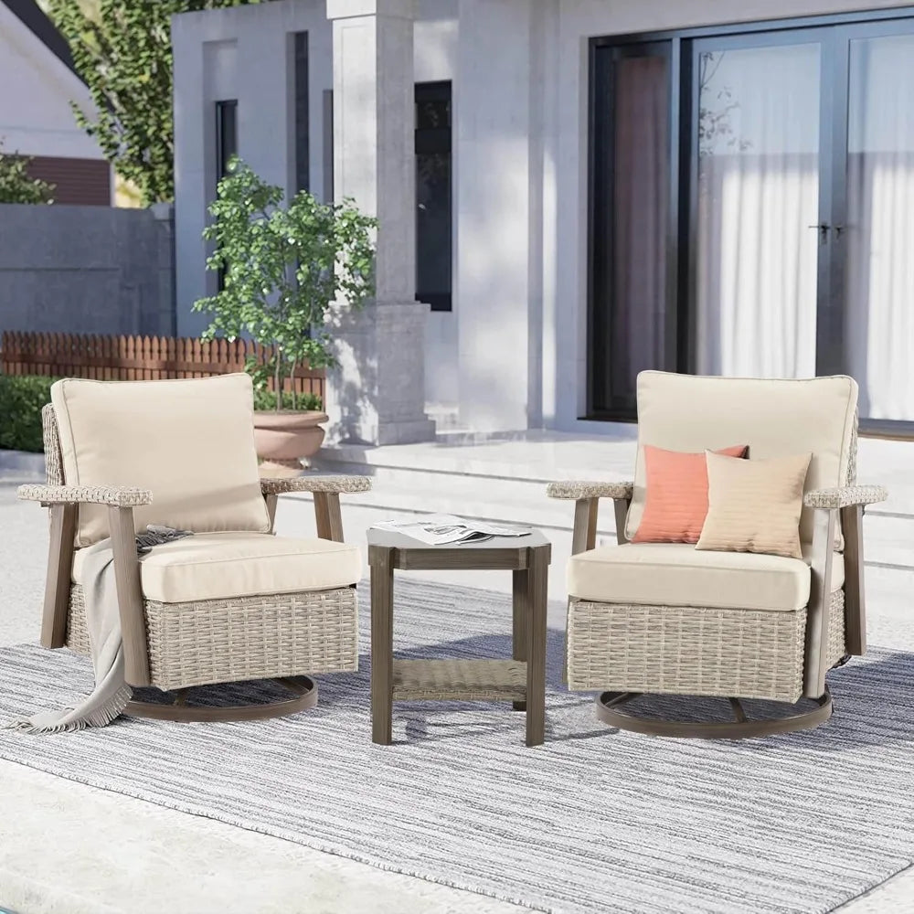 3 Pieces Patio Furniture Set, 2 Seats High Back Rattan Glider Swivel Chairs and Side Table, Outdoor High Back Wicker Furniture