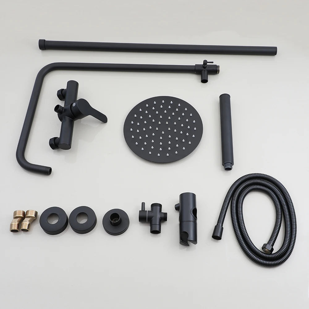 KEMAIDI Matte Black Exposed Shower System 8 Inch Rainfall Shower Head Wall Mounted Outdoor Shower Fixtures Bathroom Shower Set