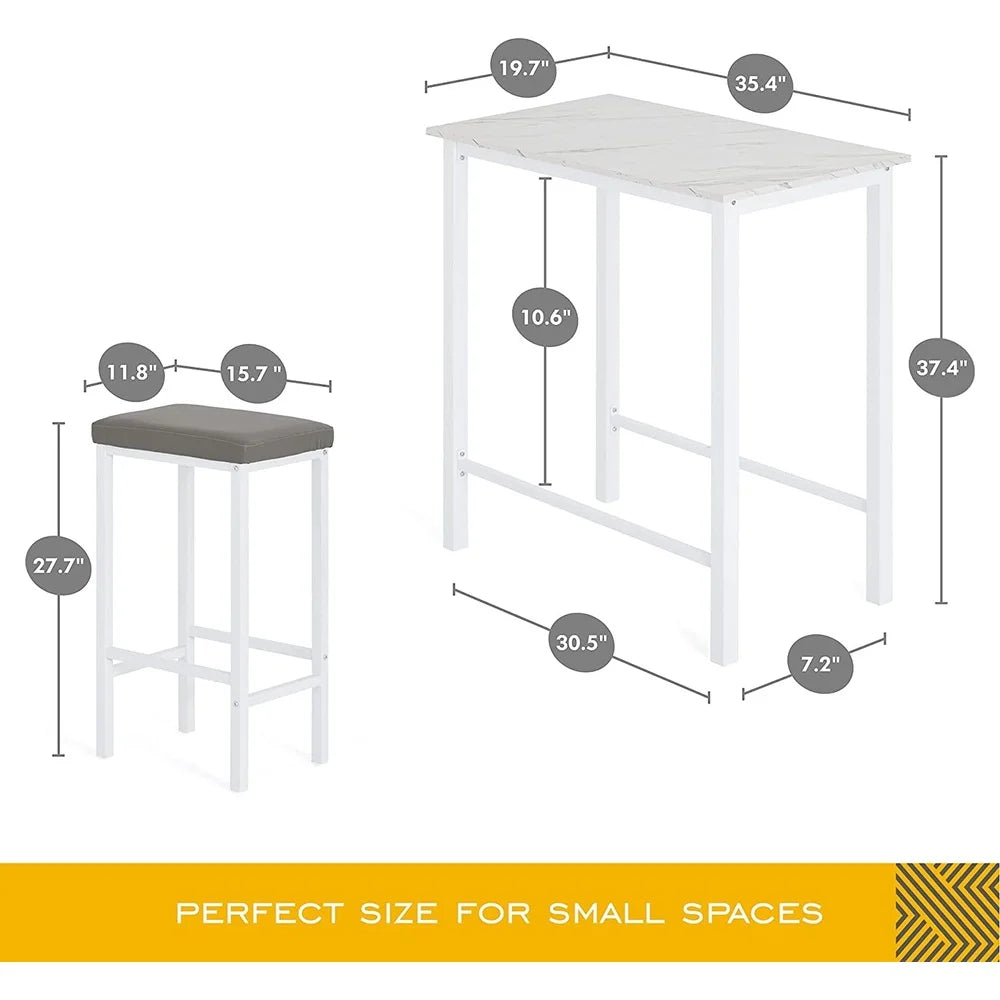 Counter Height Dining Table Set with 2 Cushioned Stools Modern Space Saving Design Faux Marble Top Indoor Use