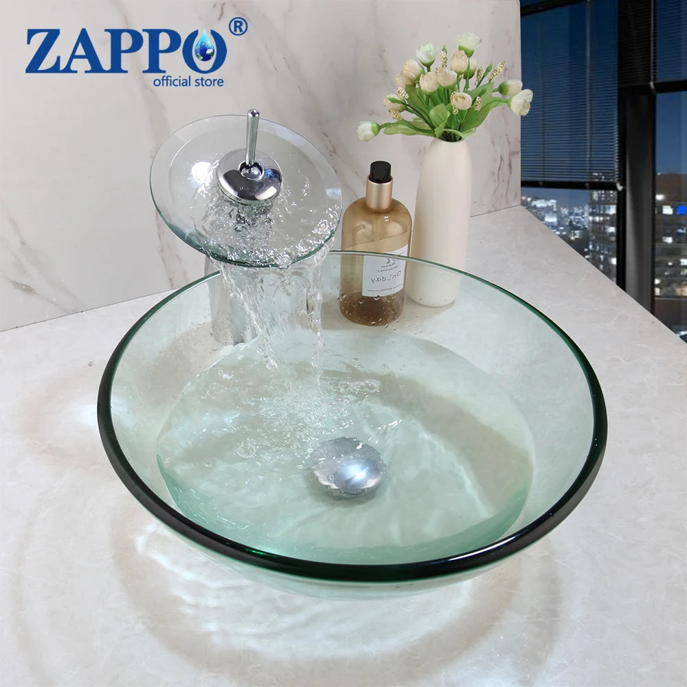 ZAPPO Round Bathroom Vessel Sinks 17 inch Tempered Glass Vessel Sink Clear Green Bathroom Sink Waterfall Bathroom Faucet Combo