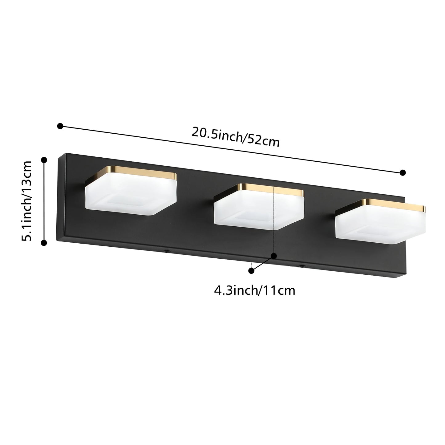 20.5in 3-Light Black and Gold Vanity Light Fixture over Mirror with Dimmable 5500K and 270° Rotatable Head Acrylic Lampshade
