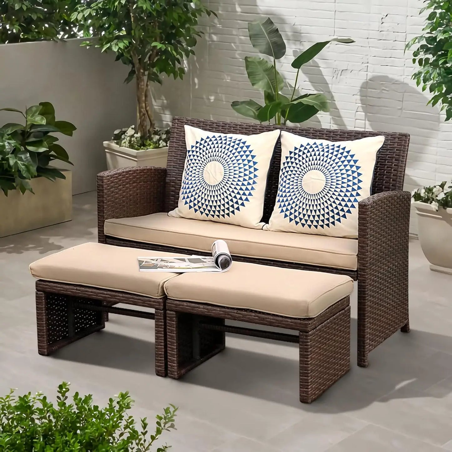 Outdoor Loveseat 3 Piece Patio Furniture Set Outdoor Conversation Set All-Weather Wicker Love Seat with Ottoman/Side Table, Brow