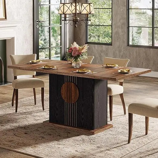 55" Rectangular Dining Table for 4 to 6 People, Farmhouse Wood Dinner Table for Kitchen, Dining Room & Living Room, Oak Brown &