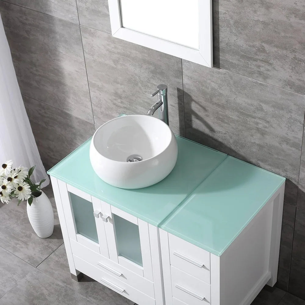 36” White Bathroom Wood Vanity Cabinet Top Ceramic Vessel Sink Faucet Drain Combo with Mirror Vanities Set