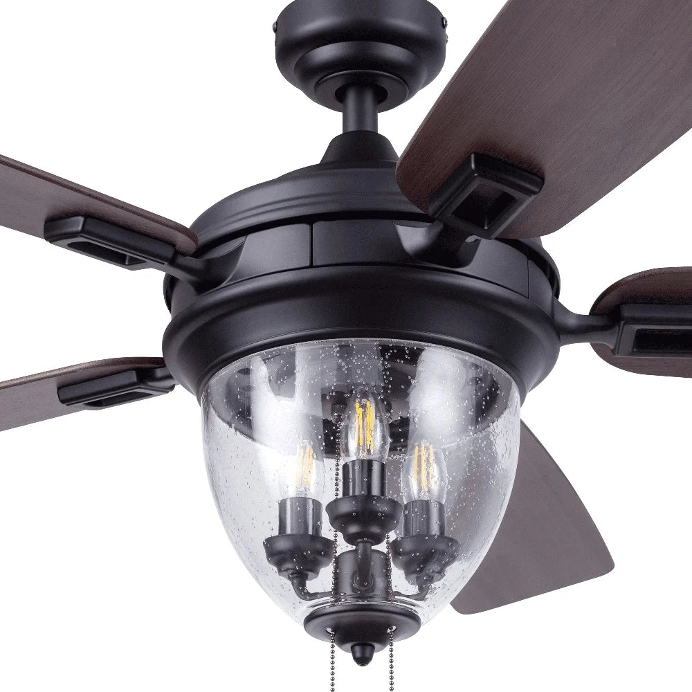 52 Inch Matte Black Ceiling Fan with Lights 5 Reversible Blades Pull Chain Control Dimmable Quiet Performance Indoor Outdoor Use