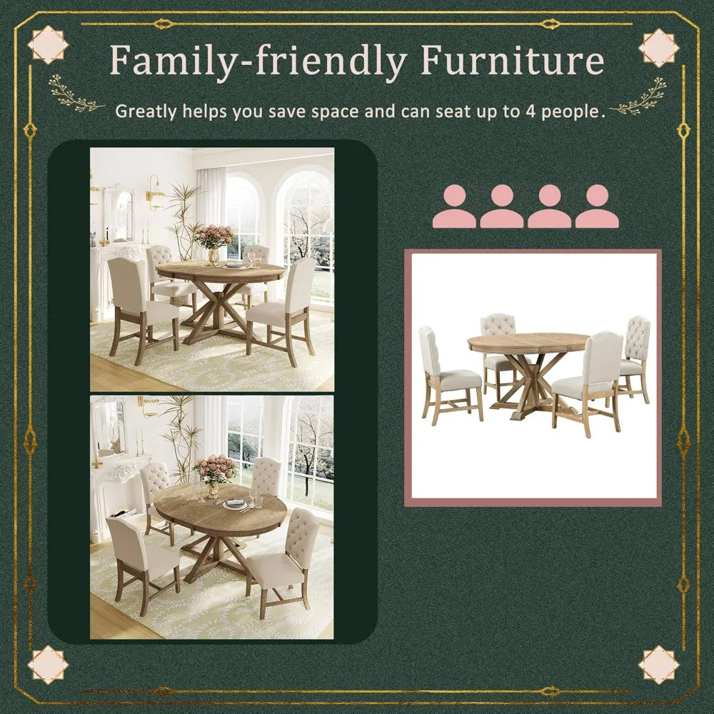 Restaurant Furniture, Extendable Round Kitchen Table Set with 4 Upholstered Chairs, Dining Sets for Kitchen Solid Wood Table